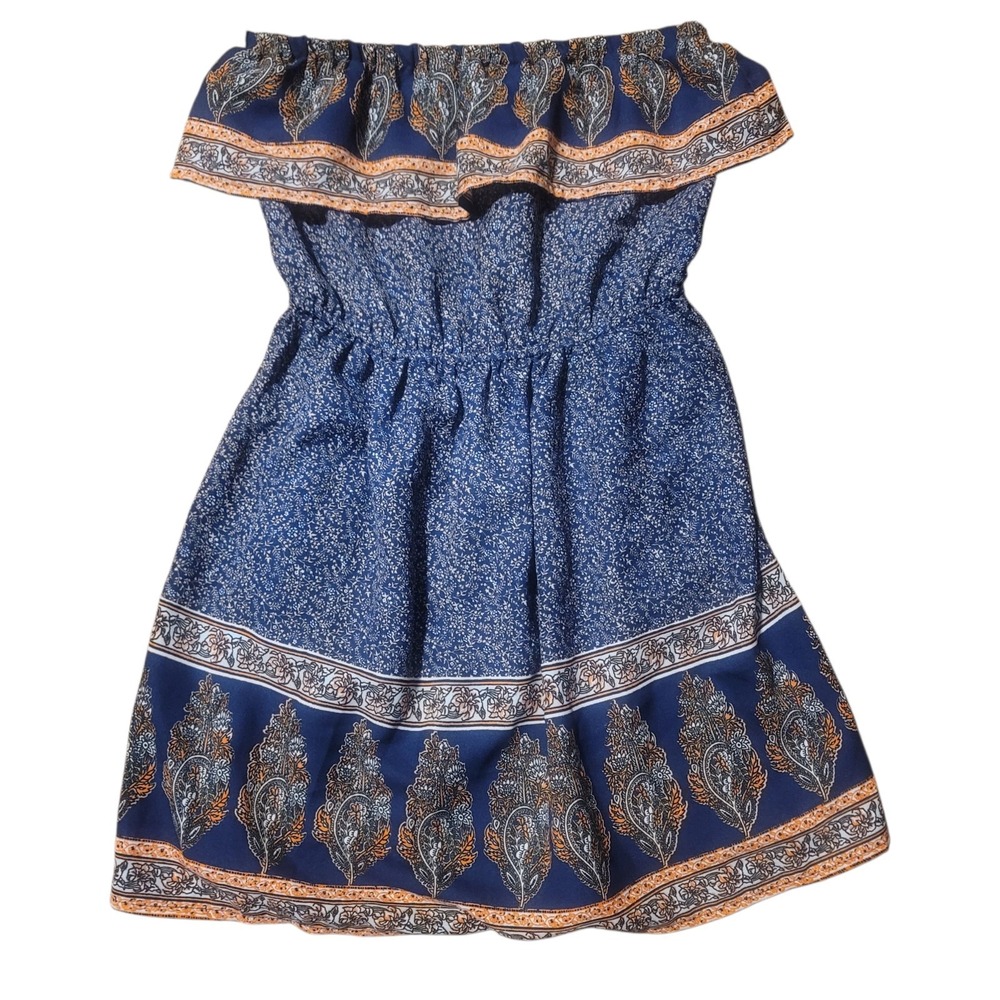 Band of Gypsies Navy Blue Paisley Floral Off Shoulder Ruffle Mini Dress Small‎